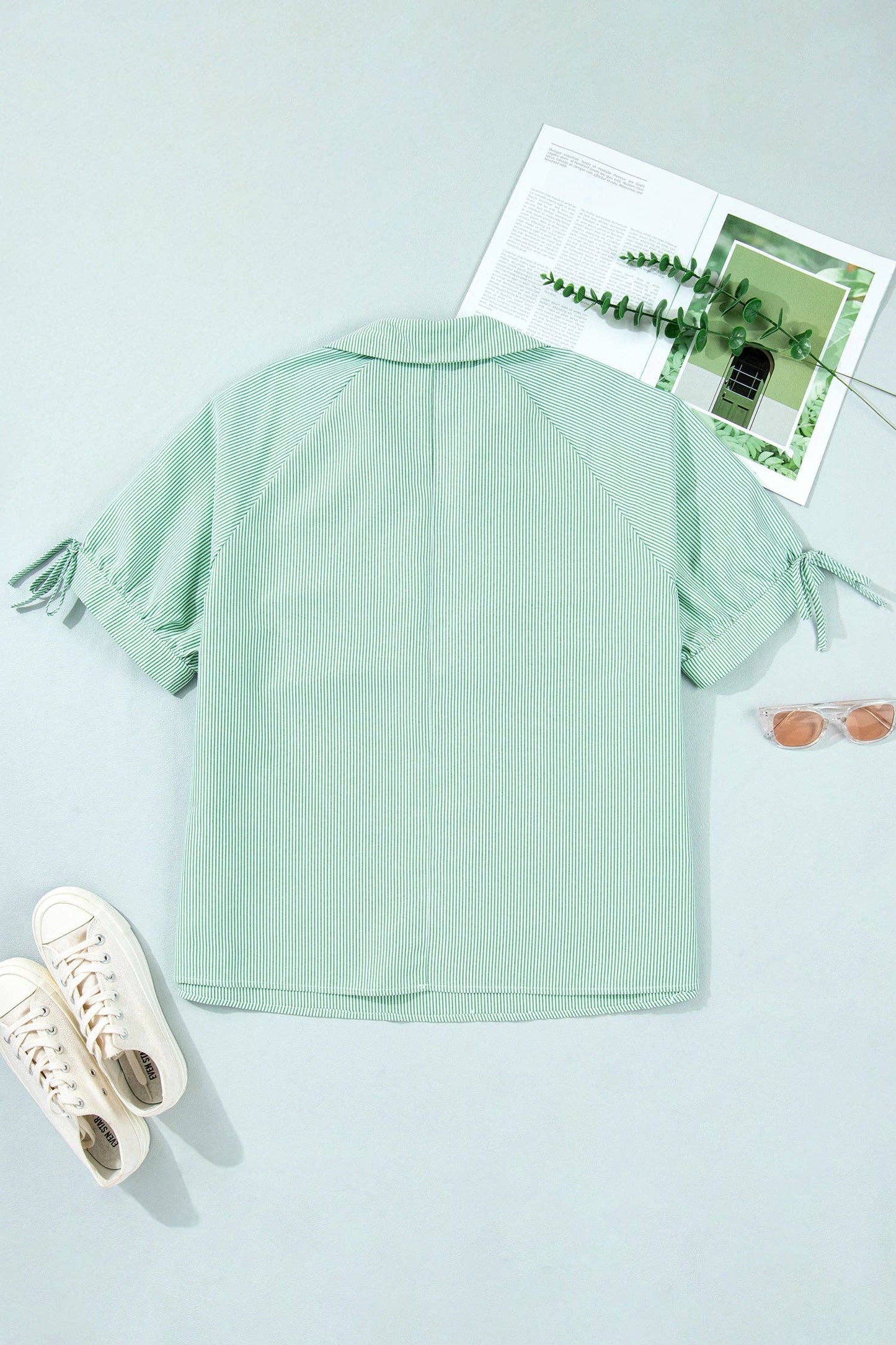 PRETTY BASH - PRETTY BASH Plus Size Stripe Collar Short Sleeve Blouse