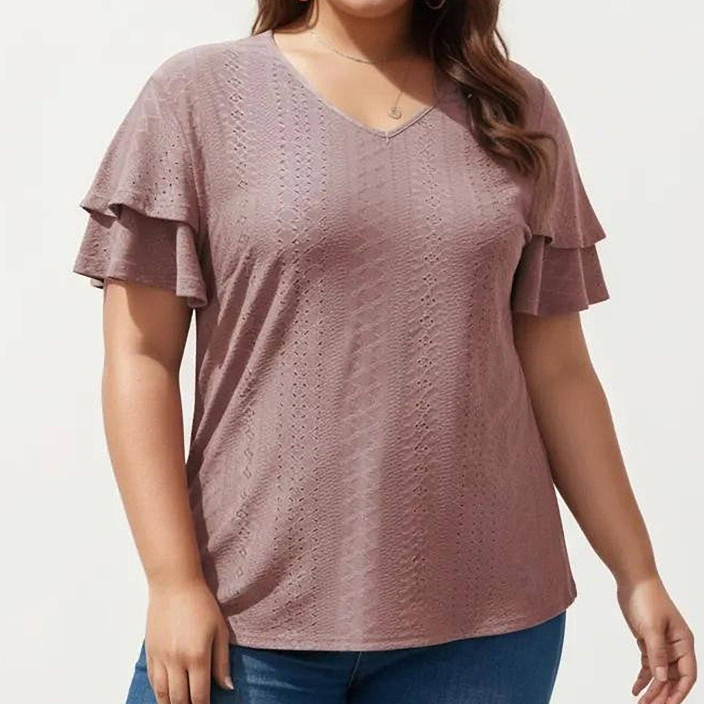Anna Kaci Wholesale - Plus Size Short Sleeve V Neck Top with Textured Knit Fabric Tiered Ruffle Sleeves Shirt