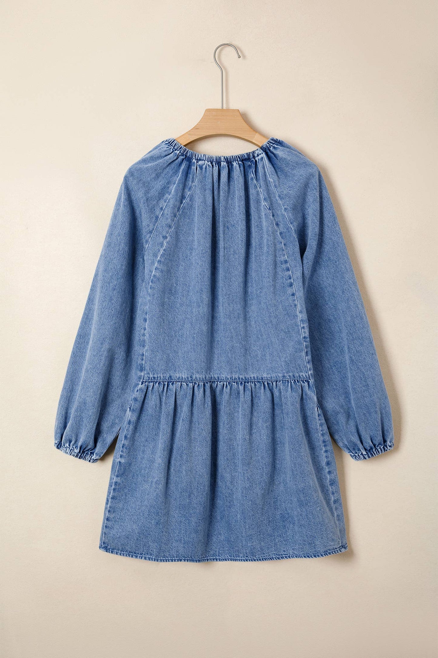 PRETTY BASH - Denim Puff Sleeve Tie V-Neck Ruffle Dress