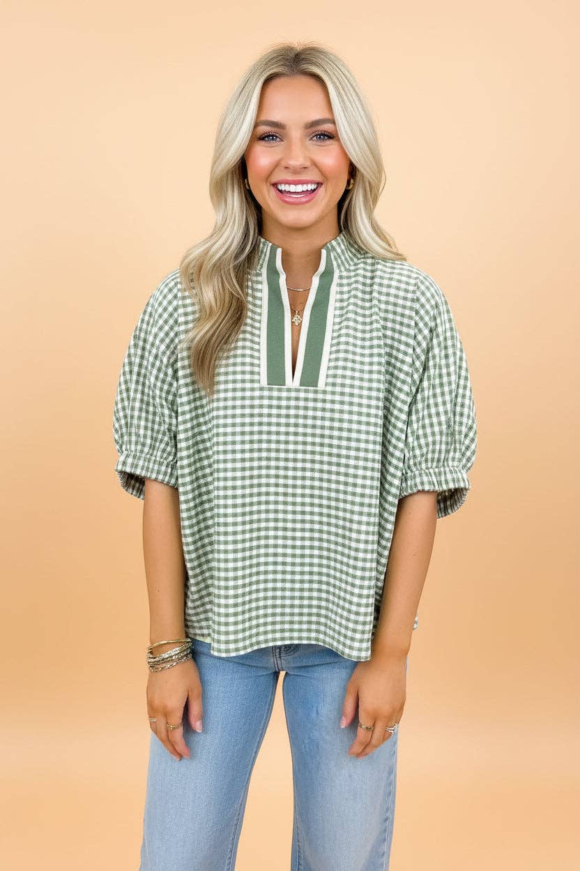 PRETTY BASH - PRETTY BASH Gingham Plaid Trim Split Neck Blouse