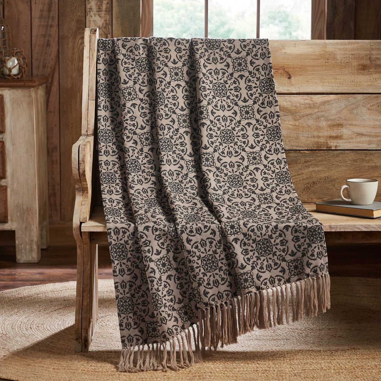 VHC Brands - Custom House Black Tan Jacquard Woven Throw Blanket 50x60