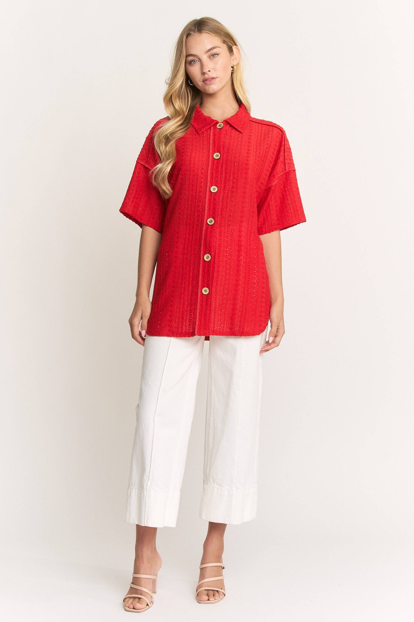 HEIMISH - ET8040-10  BUTTON DOWN COLLARED EYELET WOVEN TOP