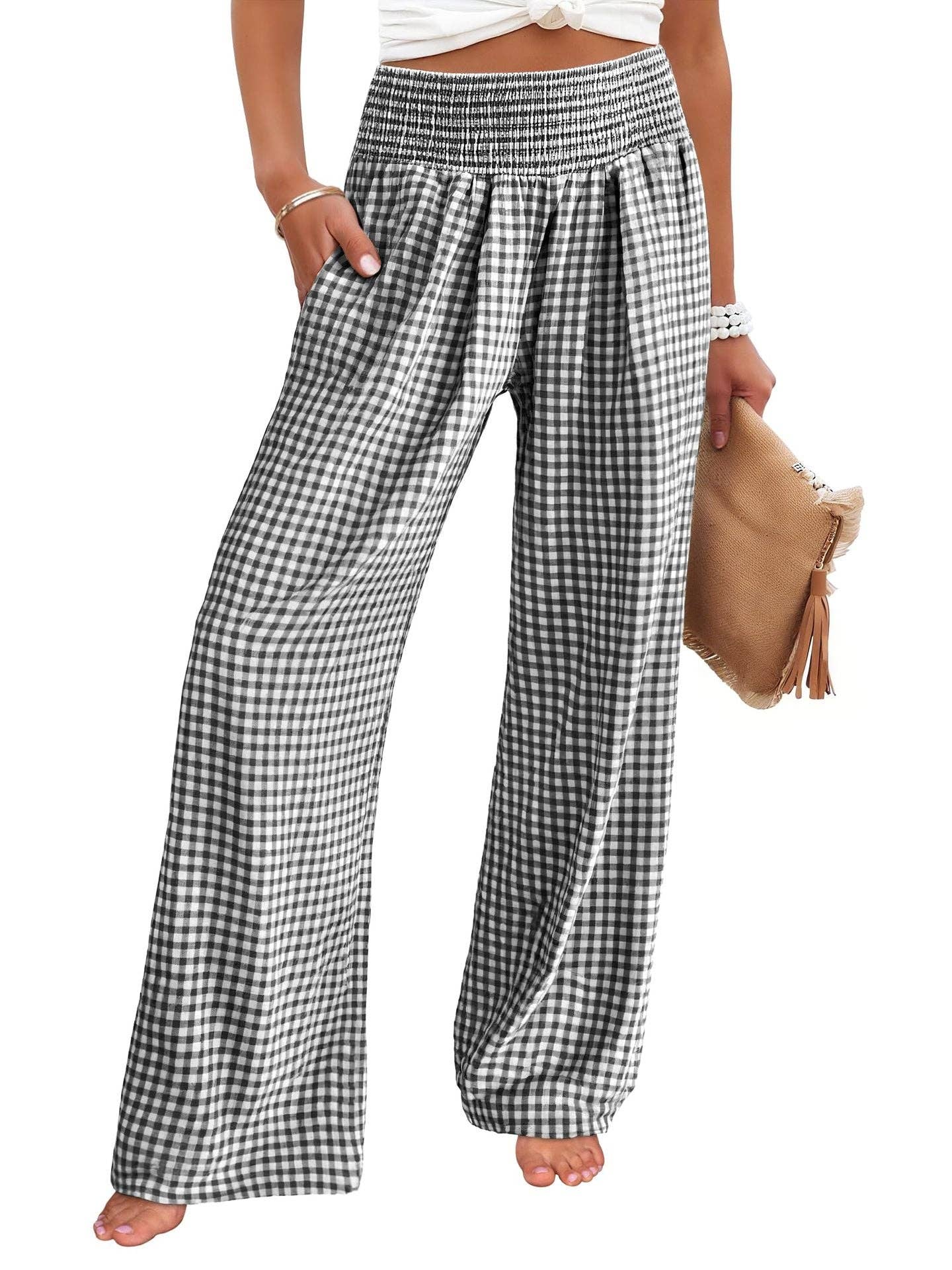 Suhkasana - Gingham High Waist Wide Leg Pants with Pockets