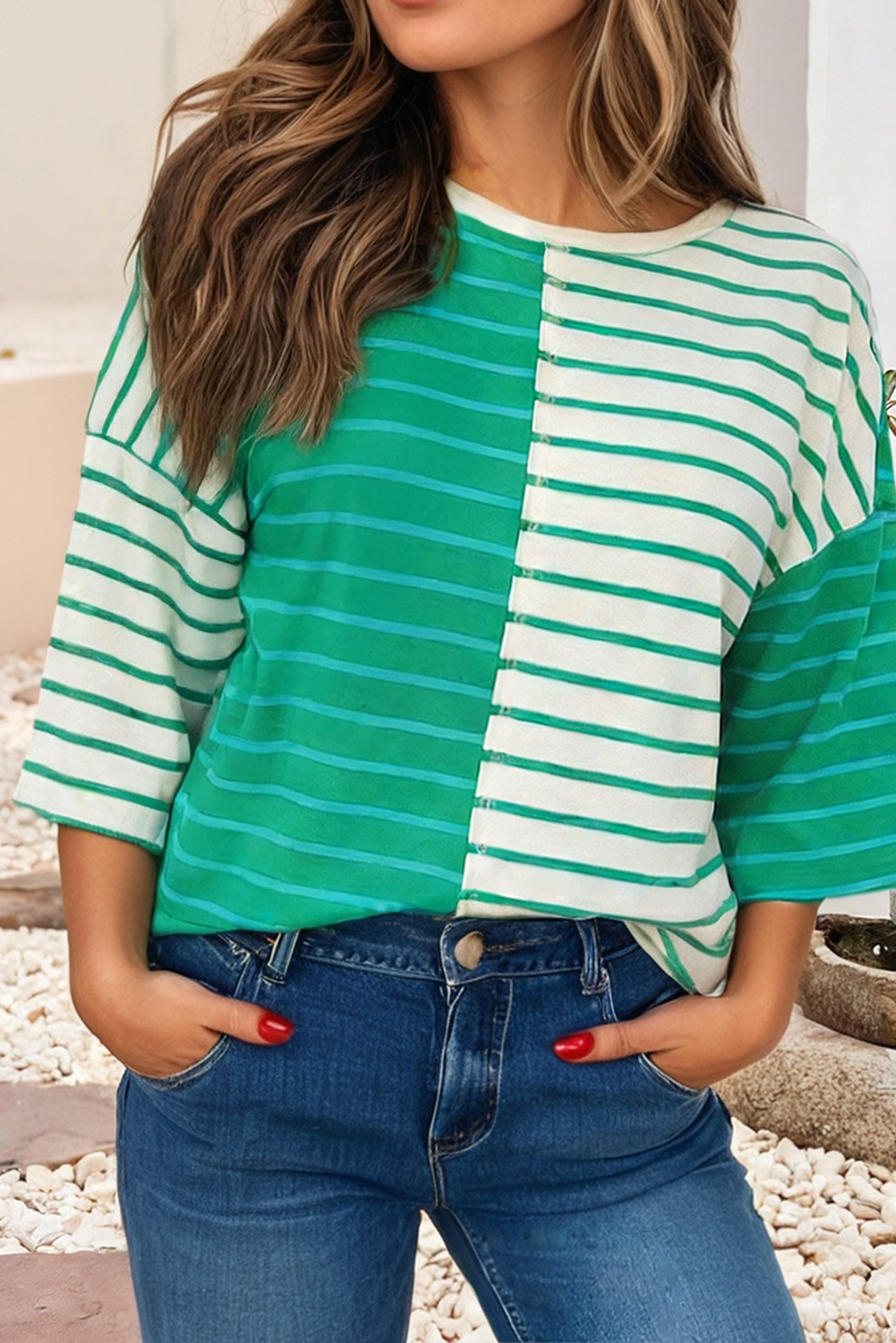 Little Daisy Closet - LDC Stripe Colorblock Round Neck Drop Shoulder T-shirt