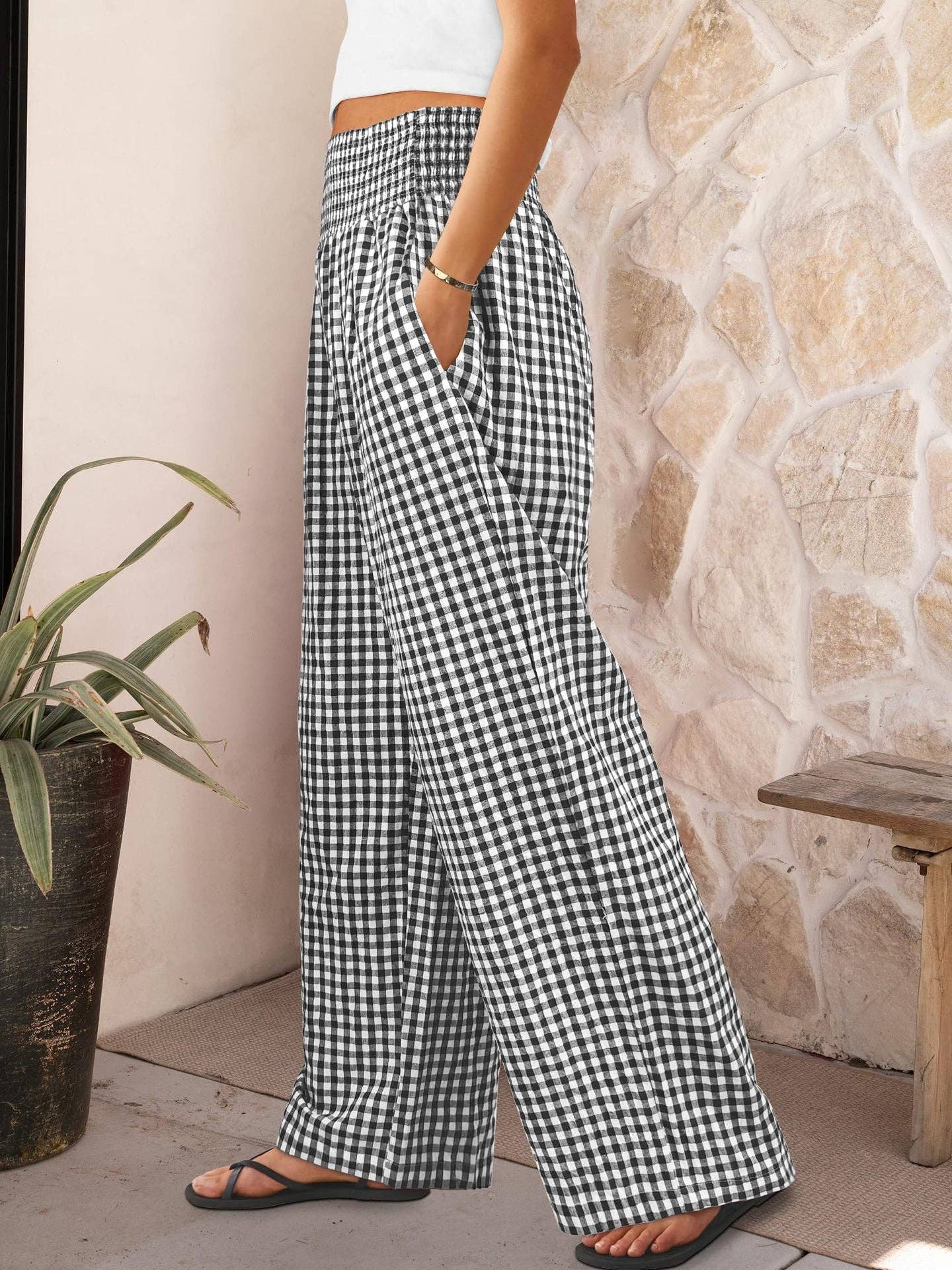 Suhkasana - Gingham High Waist Wide Leg Pants with Pockets