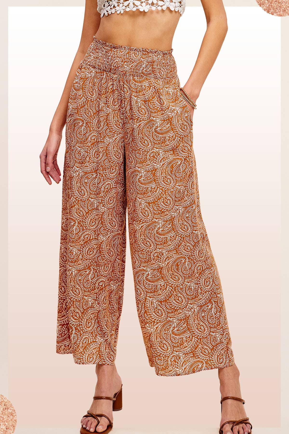 JCP4225-Boho Paisley Print Wide Leg Flowy Pants with Pockets