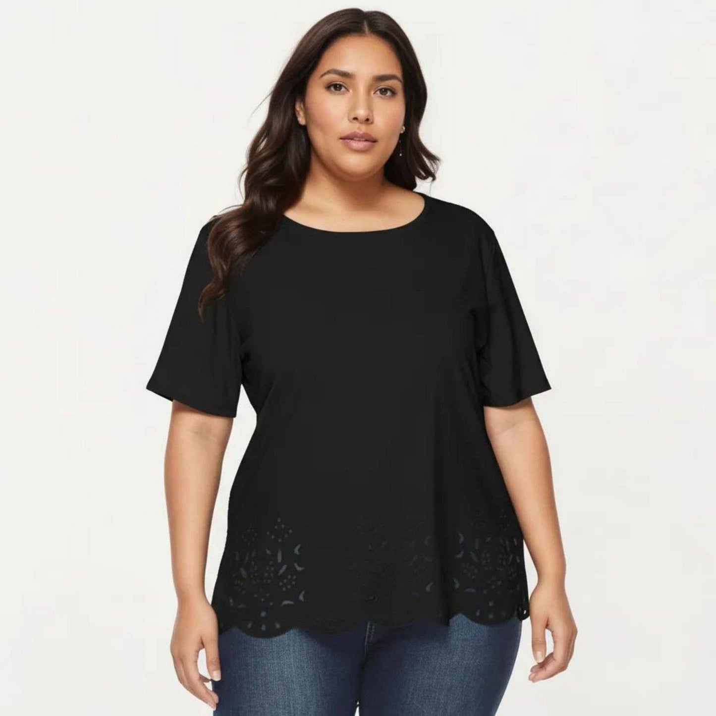 Anna Kaci Wholesale - Plus Size Short Sleeve Top with Scalloped Eyelet Hem Round Neck Loose Fit Casual Blouse