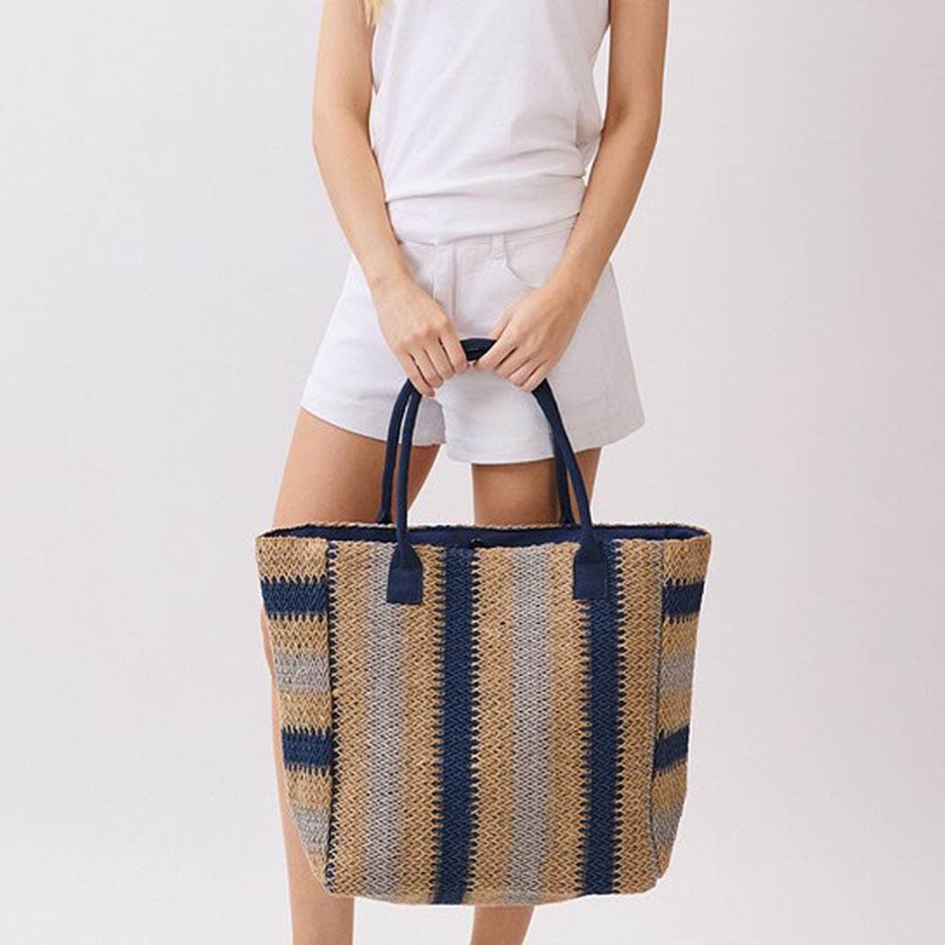 3AM BY H&D ACCESSORIES - Natural Brown Multi Color Stripe Straw Tote Bag