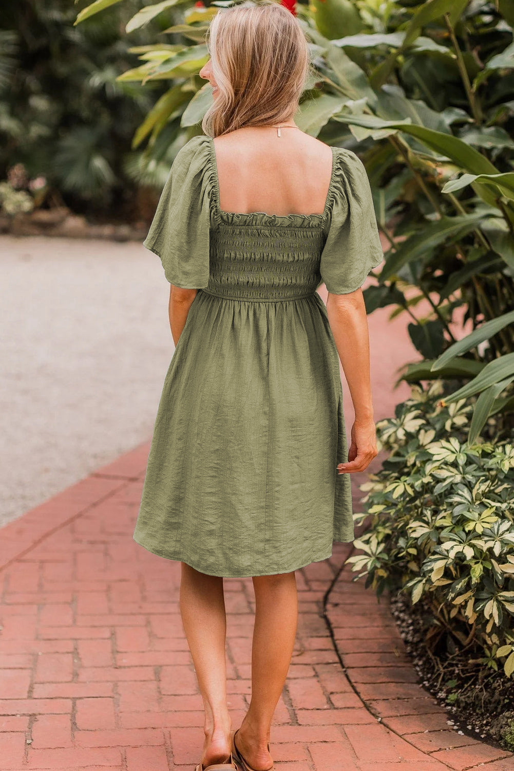 Plus Size Grass Green Smocked High Waist Dress