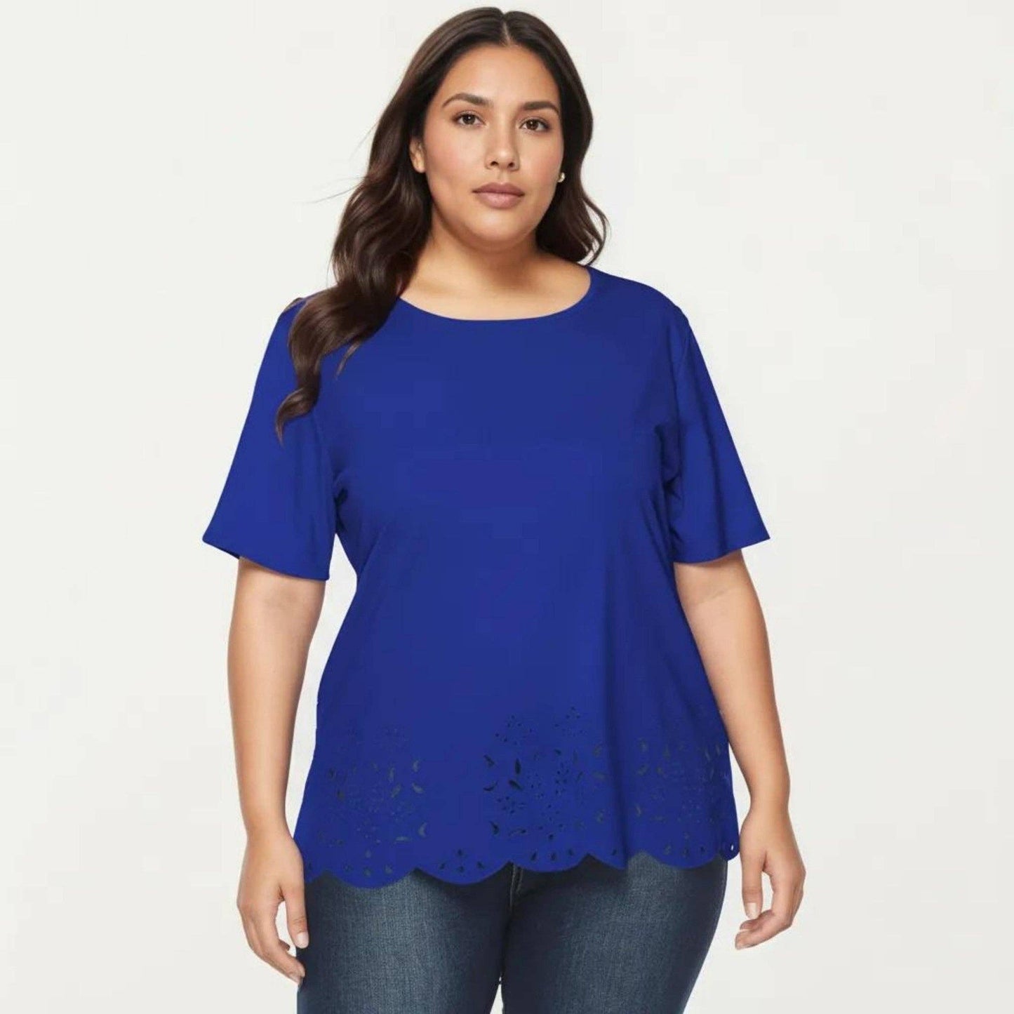 Anna Kaci Wholesale - Plus Size Short Sleeve Top with Scalloped Eyelet Hem Round Neck Loose Fit Casual Blouse