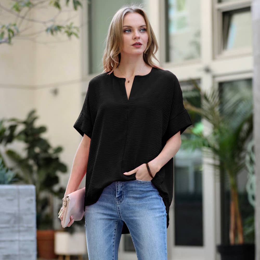 42POPS - 0813 Woven Airflow Split Neck Short Sleeve Top SI-23872 Zenana