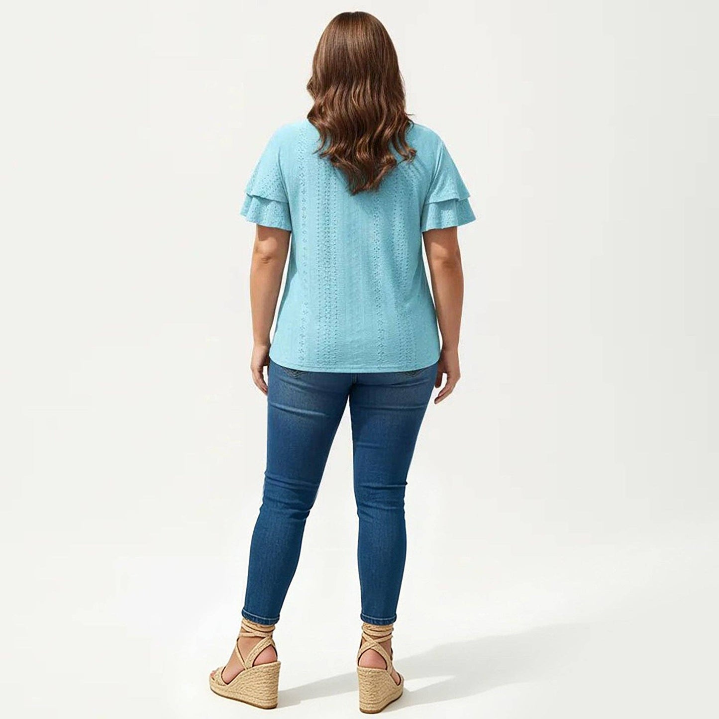 Anna Kaci Wholesale - Plus Size Short Sleeve V Neck Top with Textured Knit Fabric Tiered Ruffle Sleeves Shirt