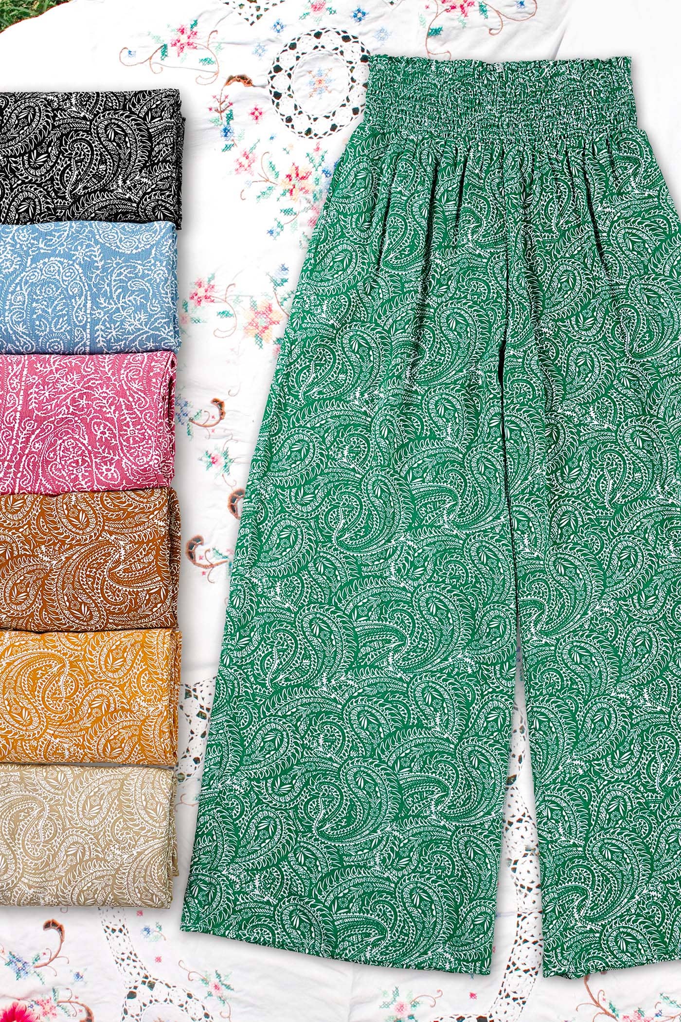 JCP4225-Boho Paisley Print Wide Leg Flowy Pants with Pockets