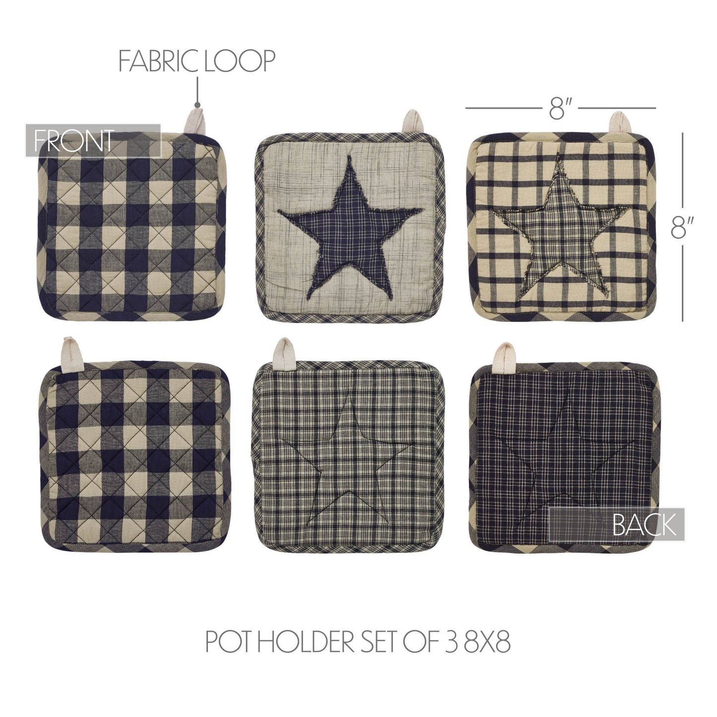 VHC Brands - My Country Patchwork Pot Holder Set of 3 8x8