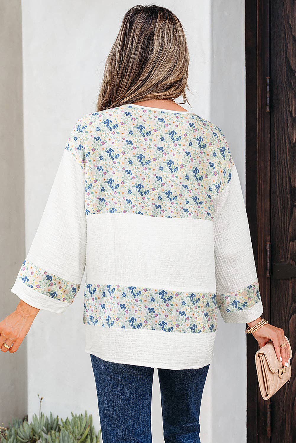 PRETTY BASH - Floral Gauze Patchwork 3/4 Sleeve Blouse