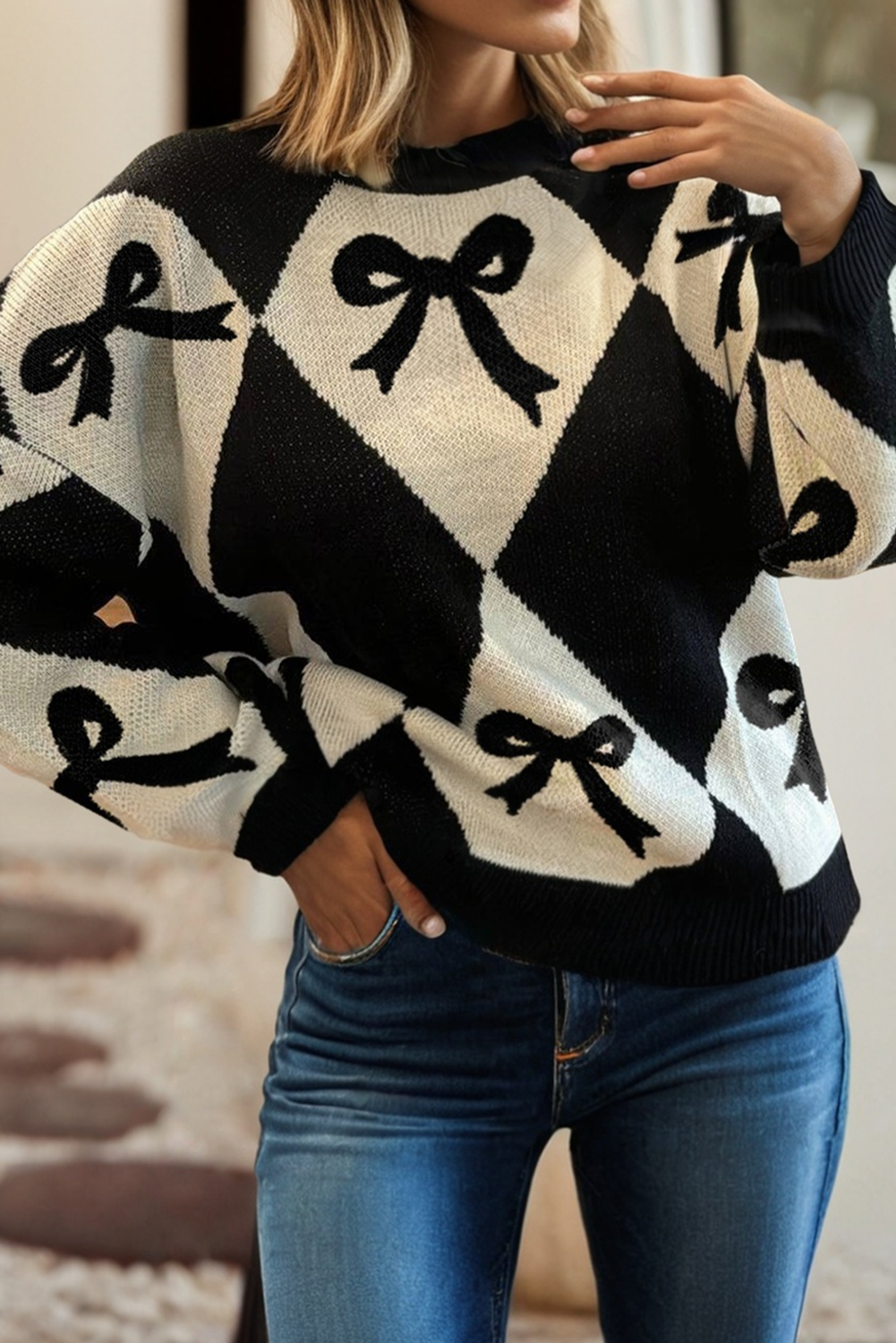 Little Daisy Closet -  LDC Bow Print 2-tone Rhombus Knit Loose Sweater