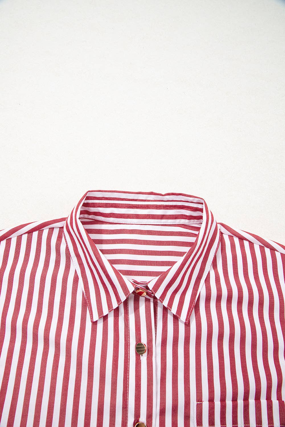 Lovesoft - Red Stripe Patched Pocket Side Slit Loose Shirt