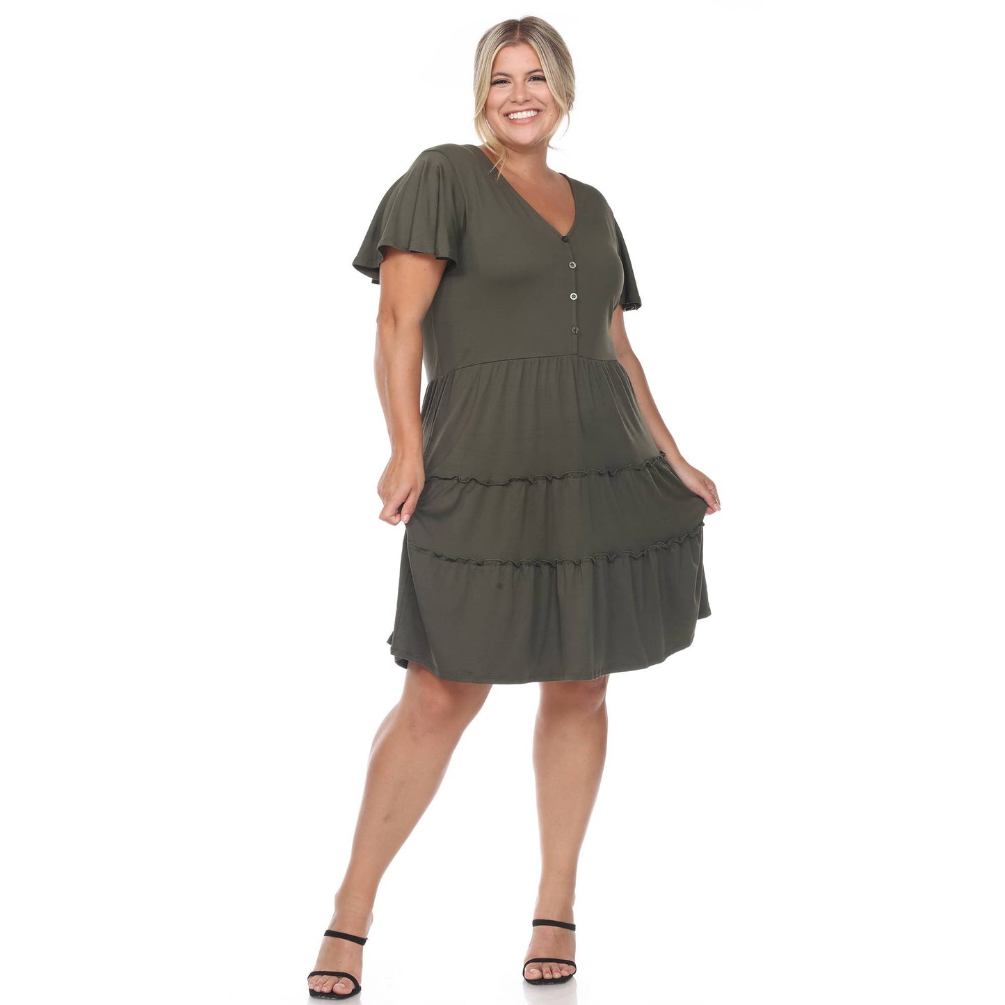 WHITE MARK - Plus Size Short Sleeve V-neck Tiered Midi Dress