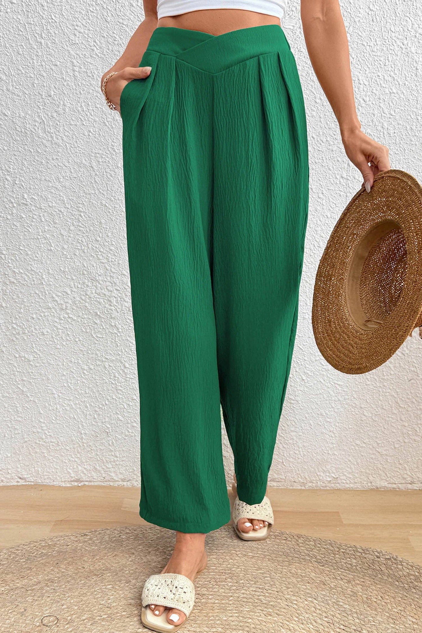 Lovesoft - Solid Color Textured Crossed Waist Loose Pants