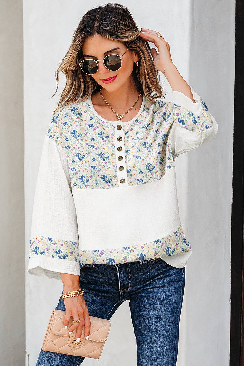 PRETTY BASH - Floral Gauze Patchwork 3/4 Sleeve Blouse