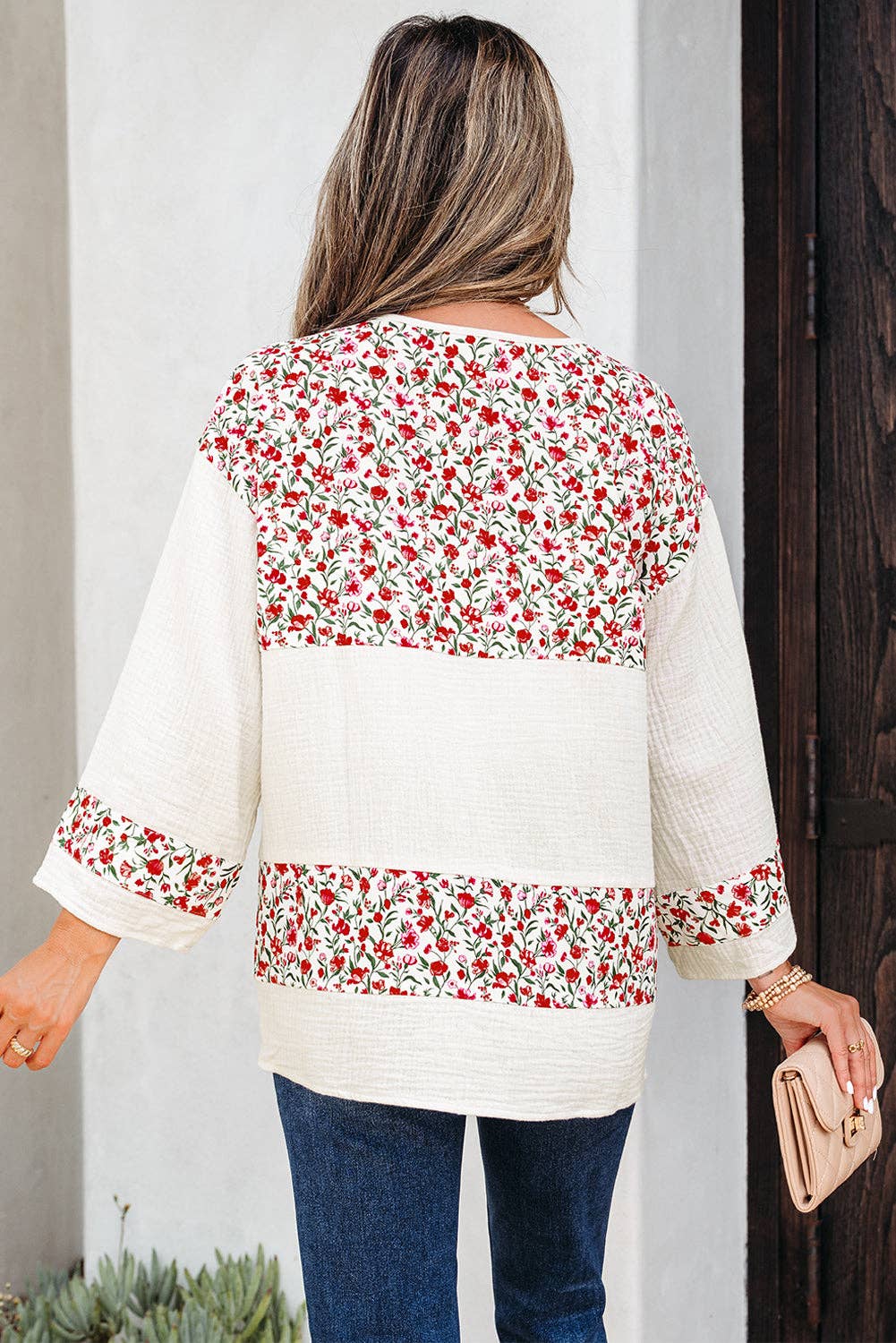 PRETTY BASH - Floral Gauze Patchwork 3/4 Sleeve Blouse