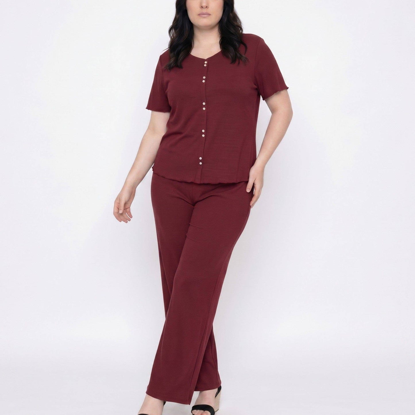 Anna Kaci Wholesale - Plus Size 2-Piece Short Sleeve Button Front Pajama Top and Wide Leg Pants Sleepwear Lounge Set