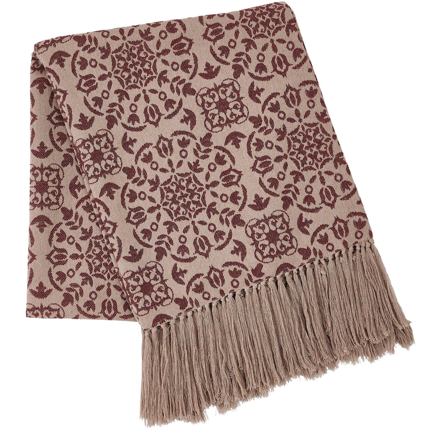 VHC Brands - Custom House Burgundy Tan Jacquard Woven Throw Blanket 50x60