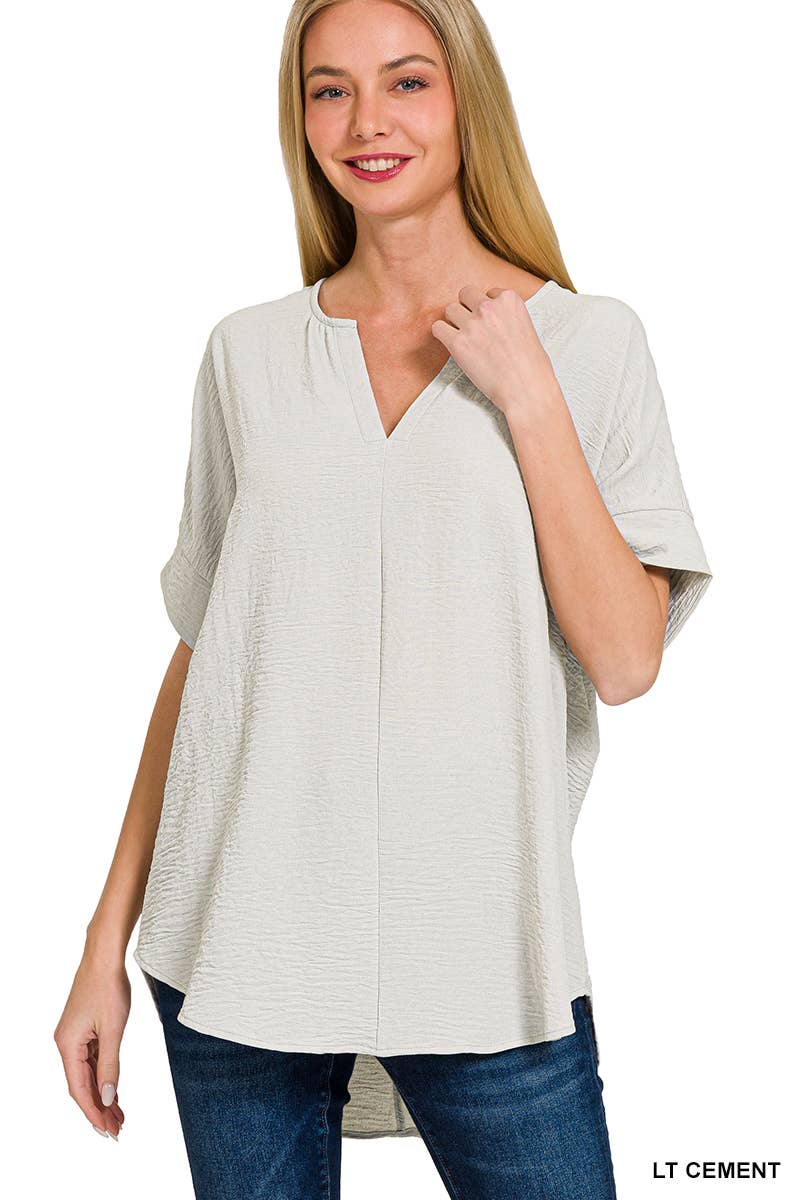 42POPS - 0813 Woven Airflow Split Neck Short Sleeve Top SI-23872 Zenana