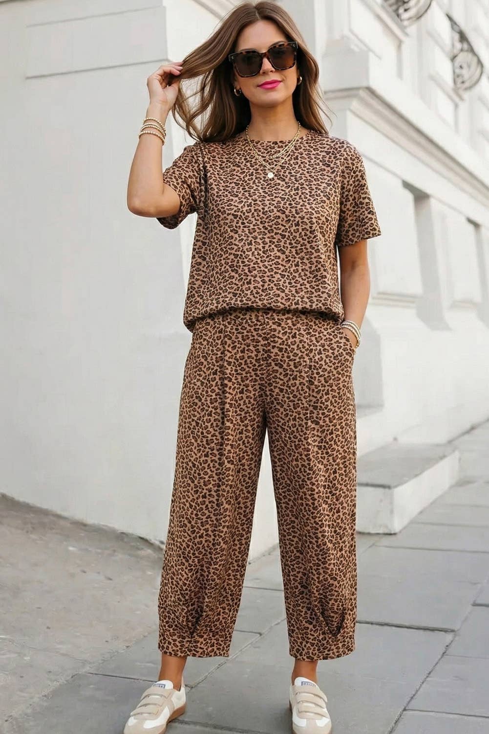 Aapparella - Leopard Top Drawstring Waist Barrel Pants Set | S-XL