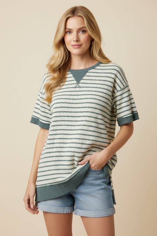 HEIMISH - ET8055-10  CREW NECK JACQUARD STRIPE KNIT TOP