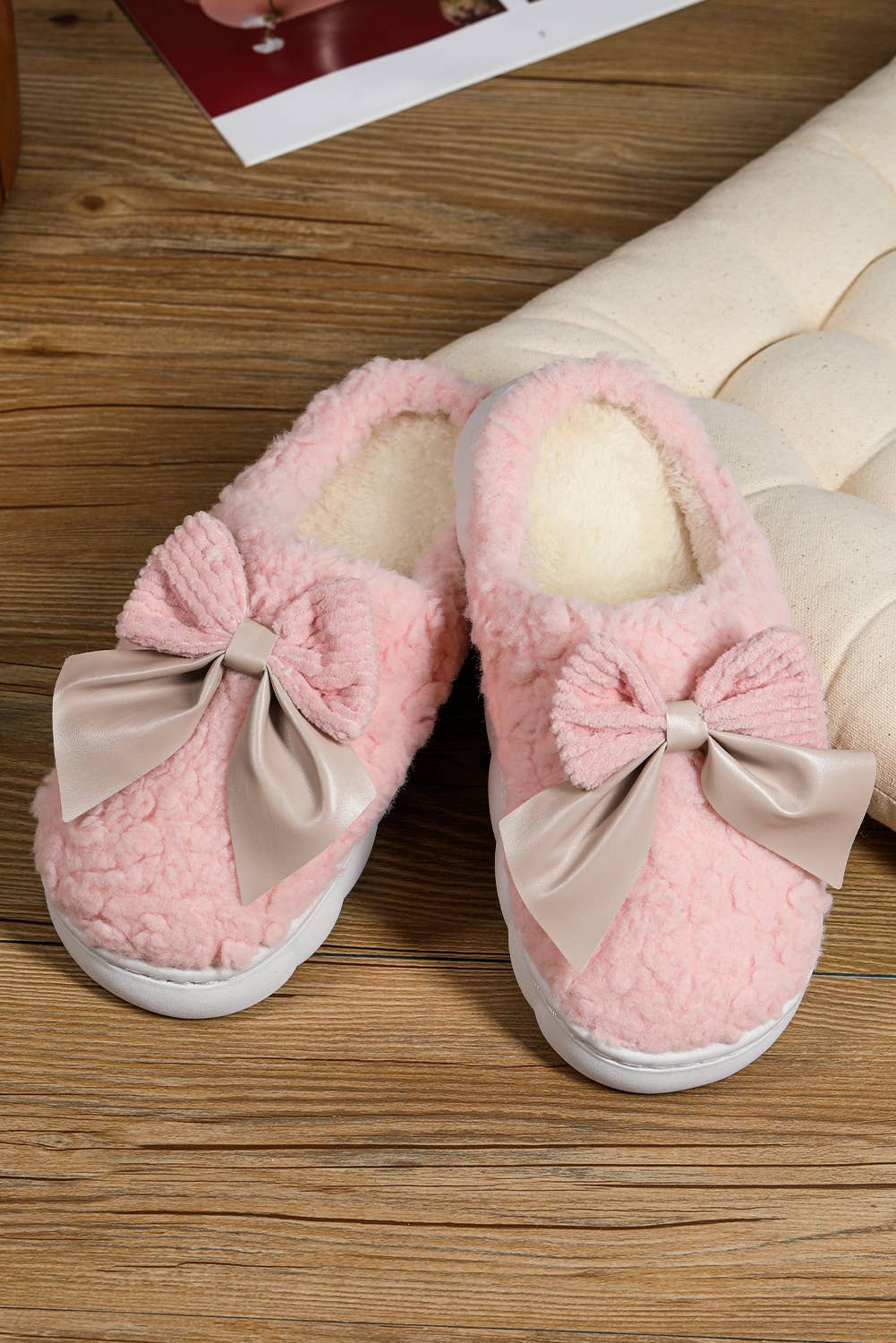 Little Daisy Closet - LDC Contrast Bowknot Applique Plush Winter Slippers