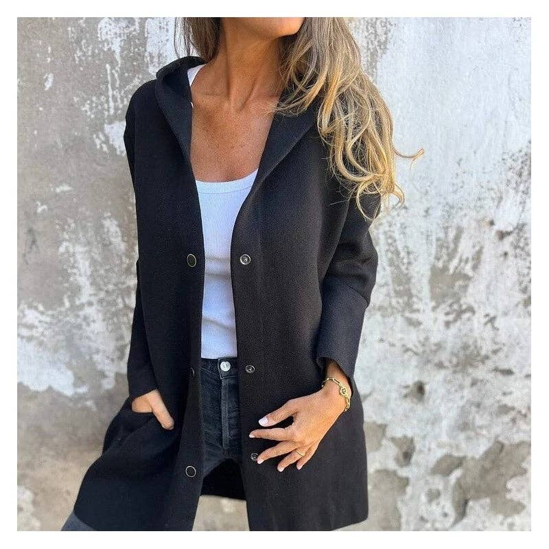 Solid Color Casual Single-Breasted Hooded Knit Jacket