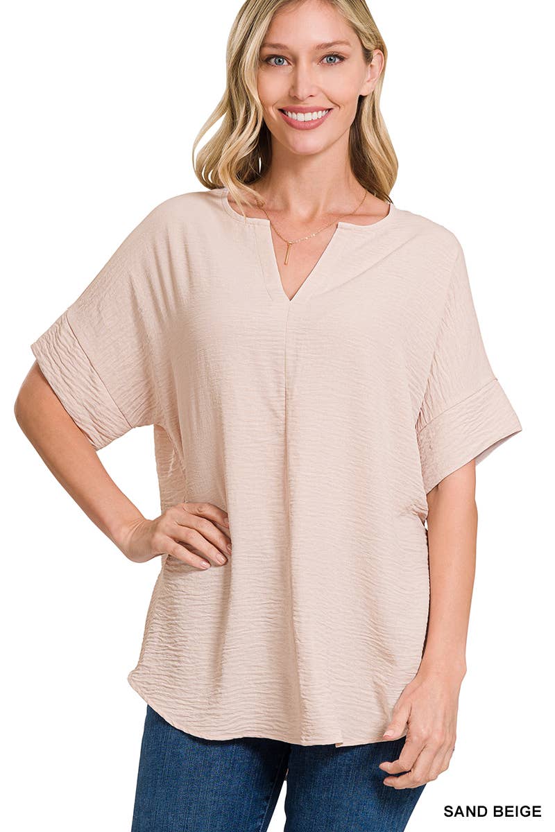 42POPS - 0813 Woven Airflow Split Neck Short Sleeve Top SI-23872 Zenana