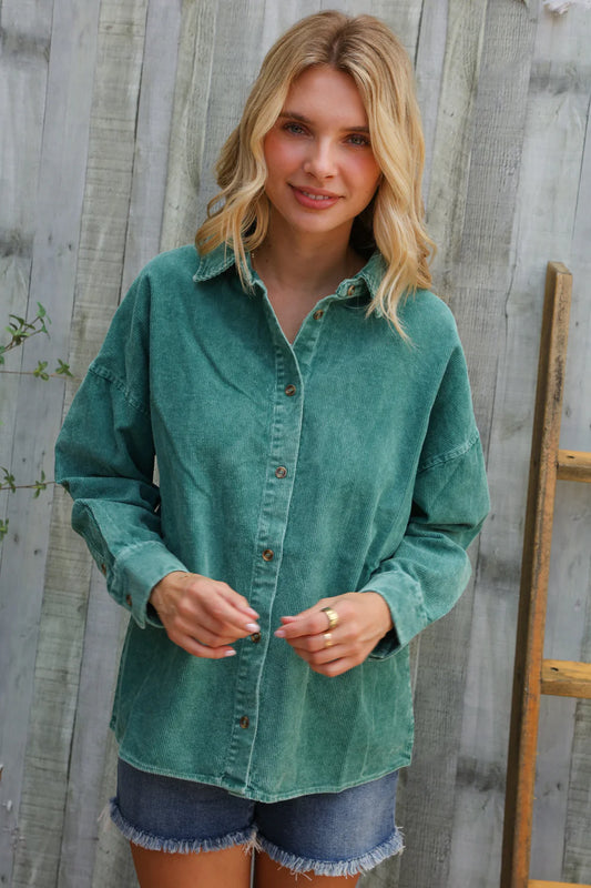 Hunter Green Washed Ribbed Shacket