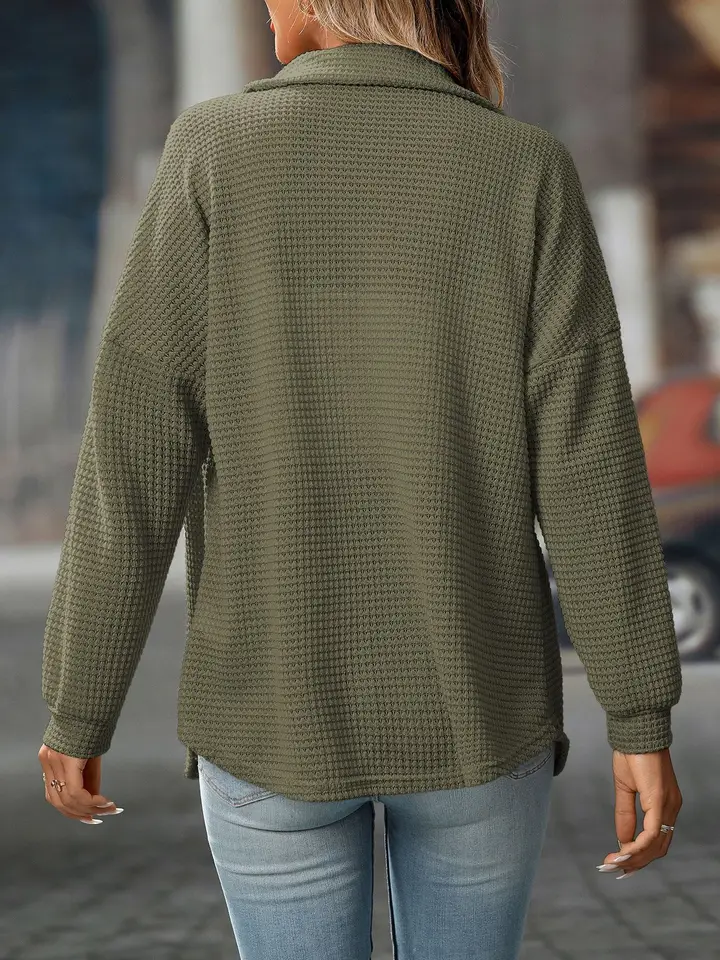 Lovesoft - Waffle Knit Button Up Long Sleeve Shirt Jacket