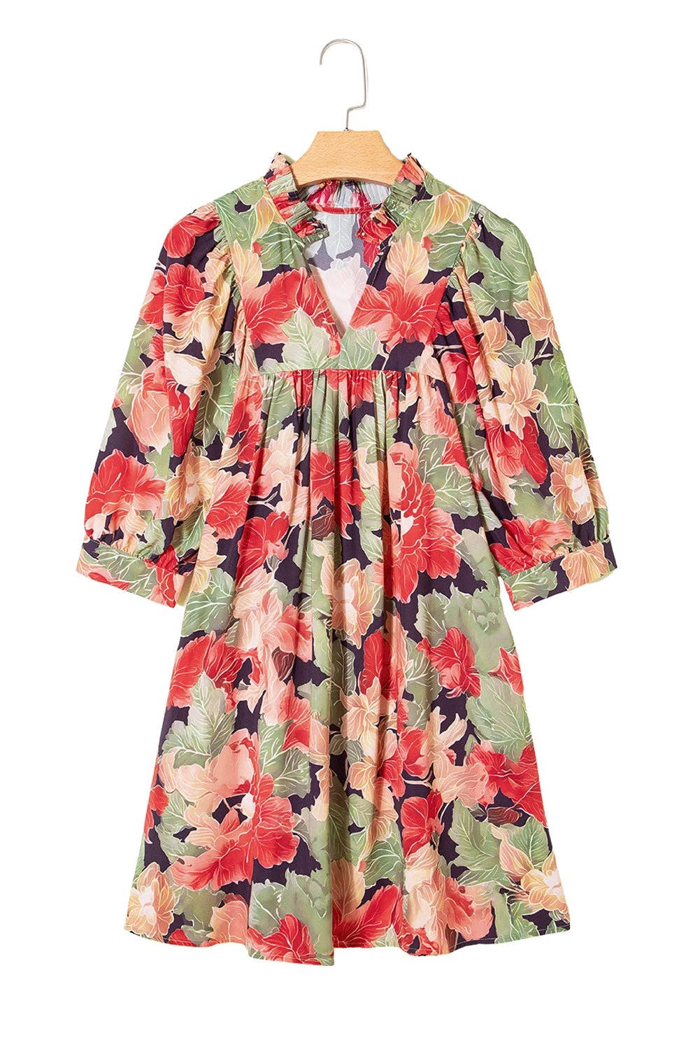 PRETTY BASH - PRETTY BASH Floral Frilled Collar V-Neck 3/4 Sleeve Dress