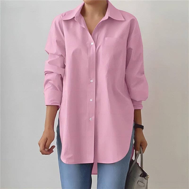 Lapel Split Hem Long Sleeve Shirt in Solid Color
