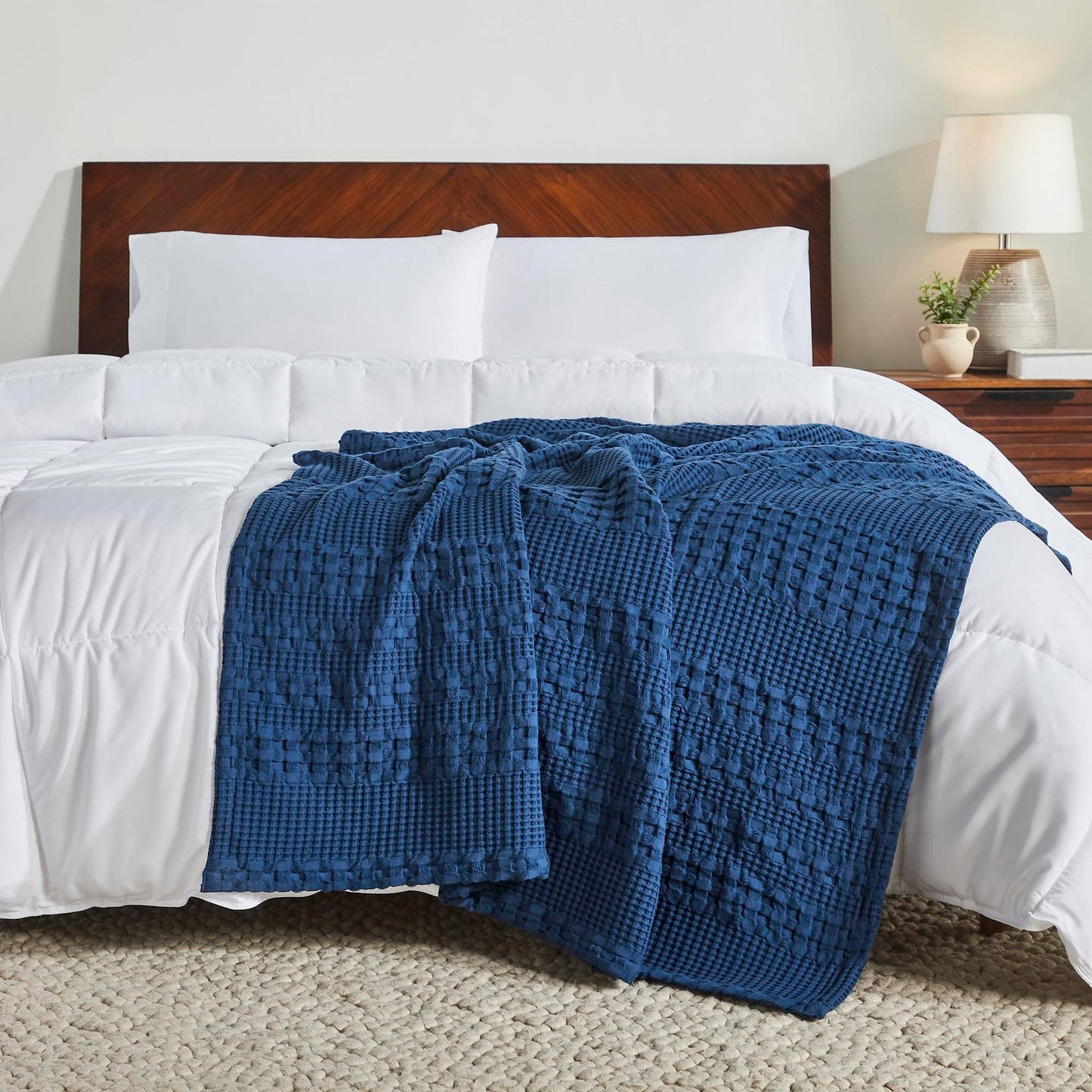 VHC Brands - Navy Blue Waffle Weave Throw Blanket – Cotton 50x60