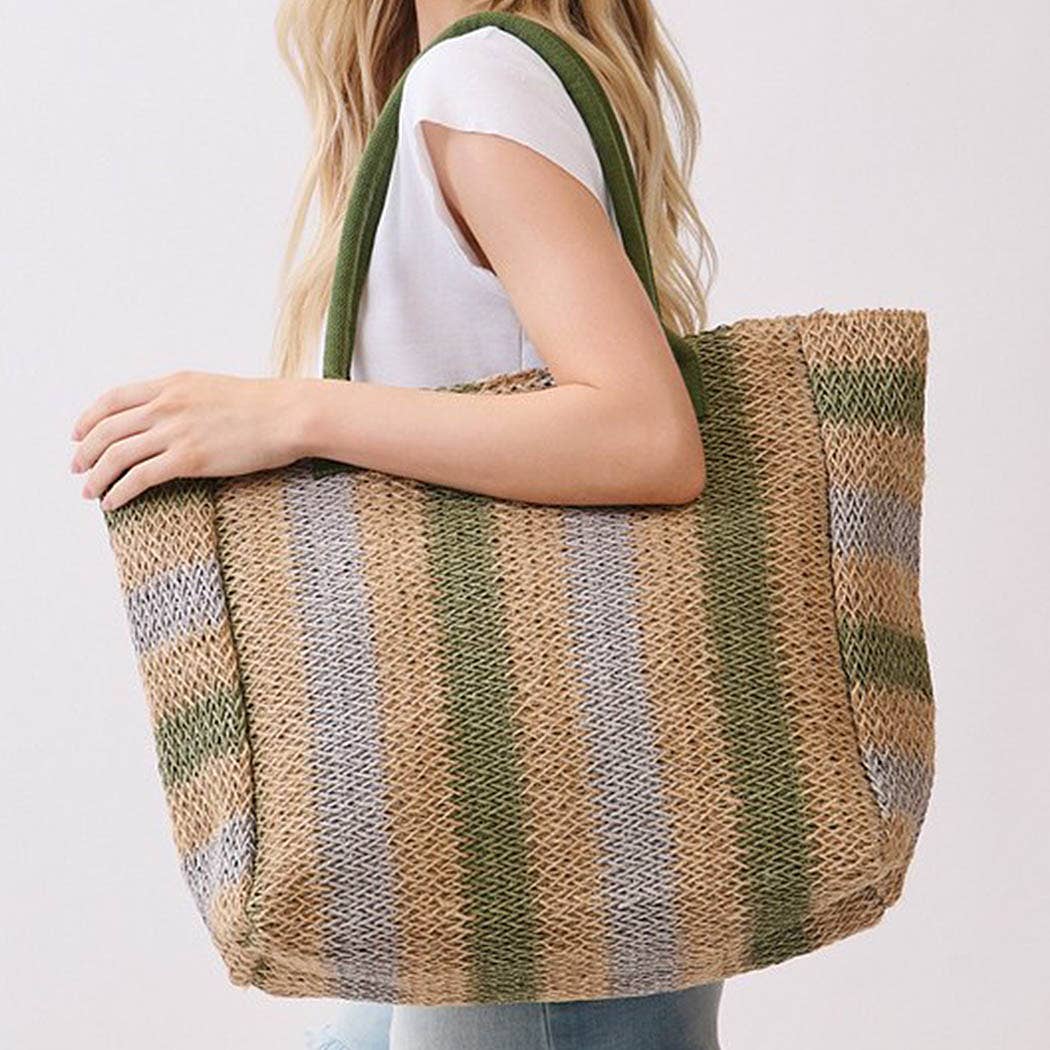 3AM BY H&D ACCESSORIES - Natural Brown Multi Color Stripe Straw Tote Bag
