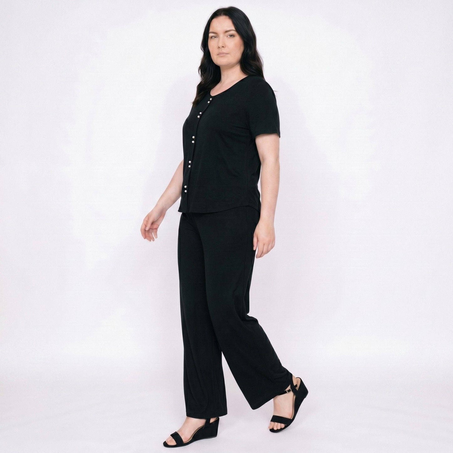 Anna Kaci Wholesale - Plus Size 2-Piece Short Sleeve Button Front Pajama Top and Wide Leg Pants Sleepwear Lounge Set