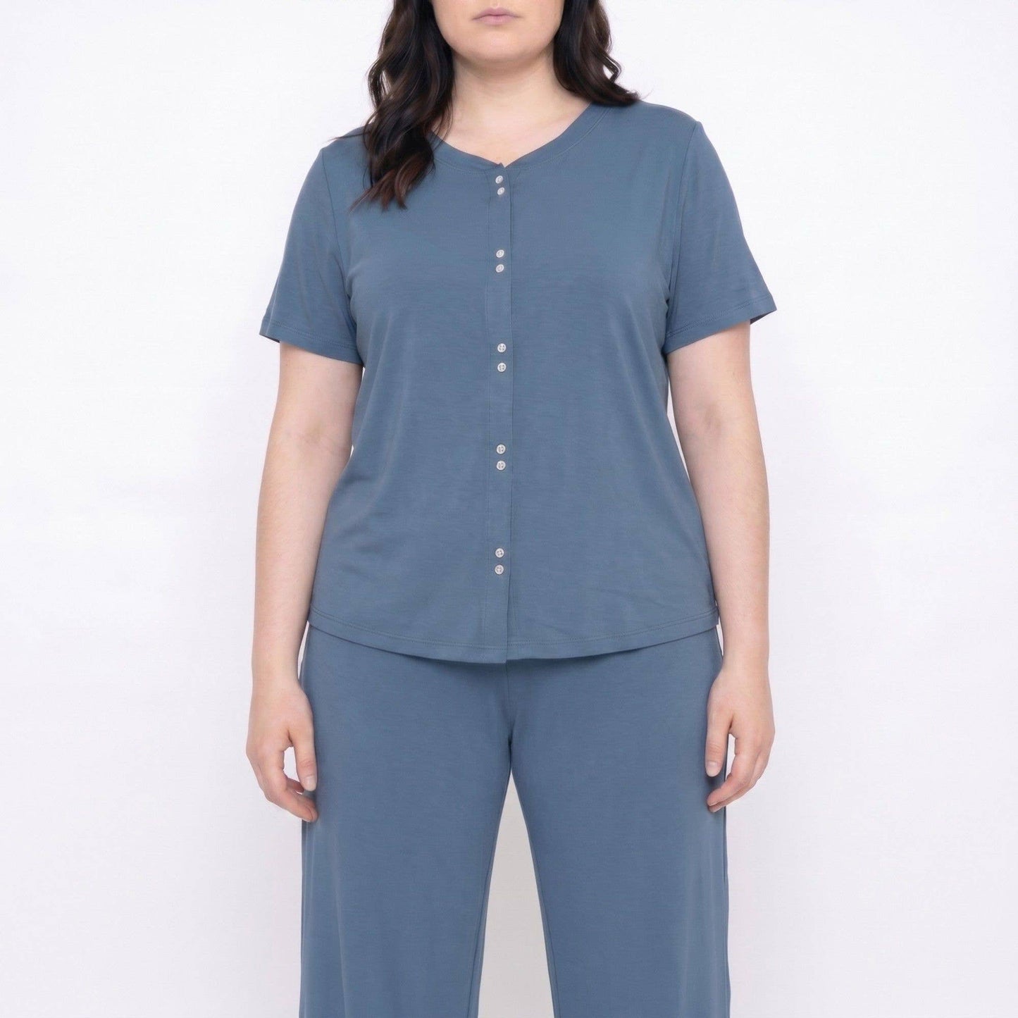 Anna Kaci Wholesale - Plus Size 2-Piece Short Sleeve Button Front Pajama Top and Wide Leg Pants Sleepwear Lounge Set