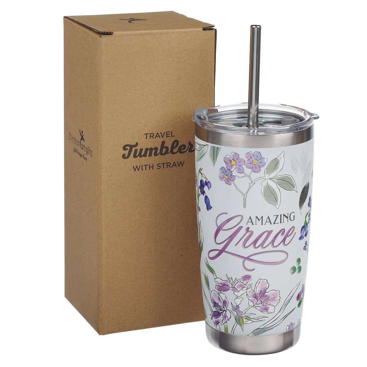Christian Art Gifts - Tumbler w/straw SS Purple Amazing Grace