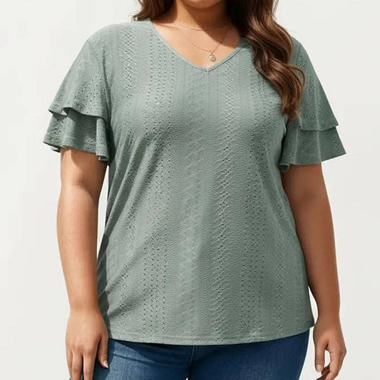 Anna Kaci Wholesale - Plus Size Short Sleeve V Neck Top with Textured Knit Fabric Tiered Ruffle Sleeves Shirt