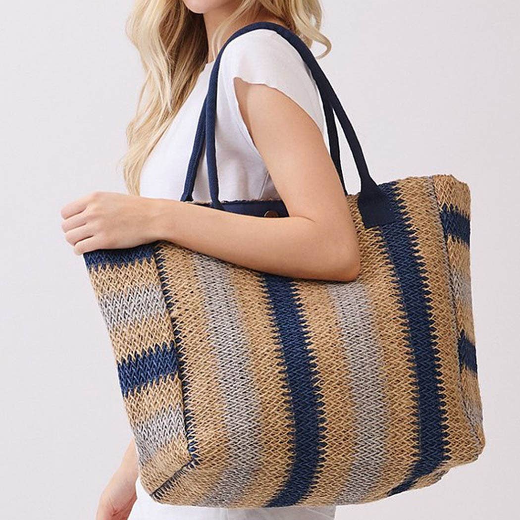 3AM BY H&D ACCESSORIES - Natural Brown Multi Color Stripe Straw Tote Bag