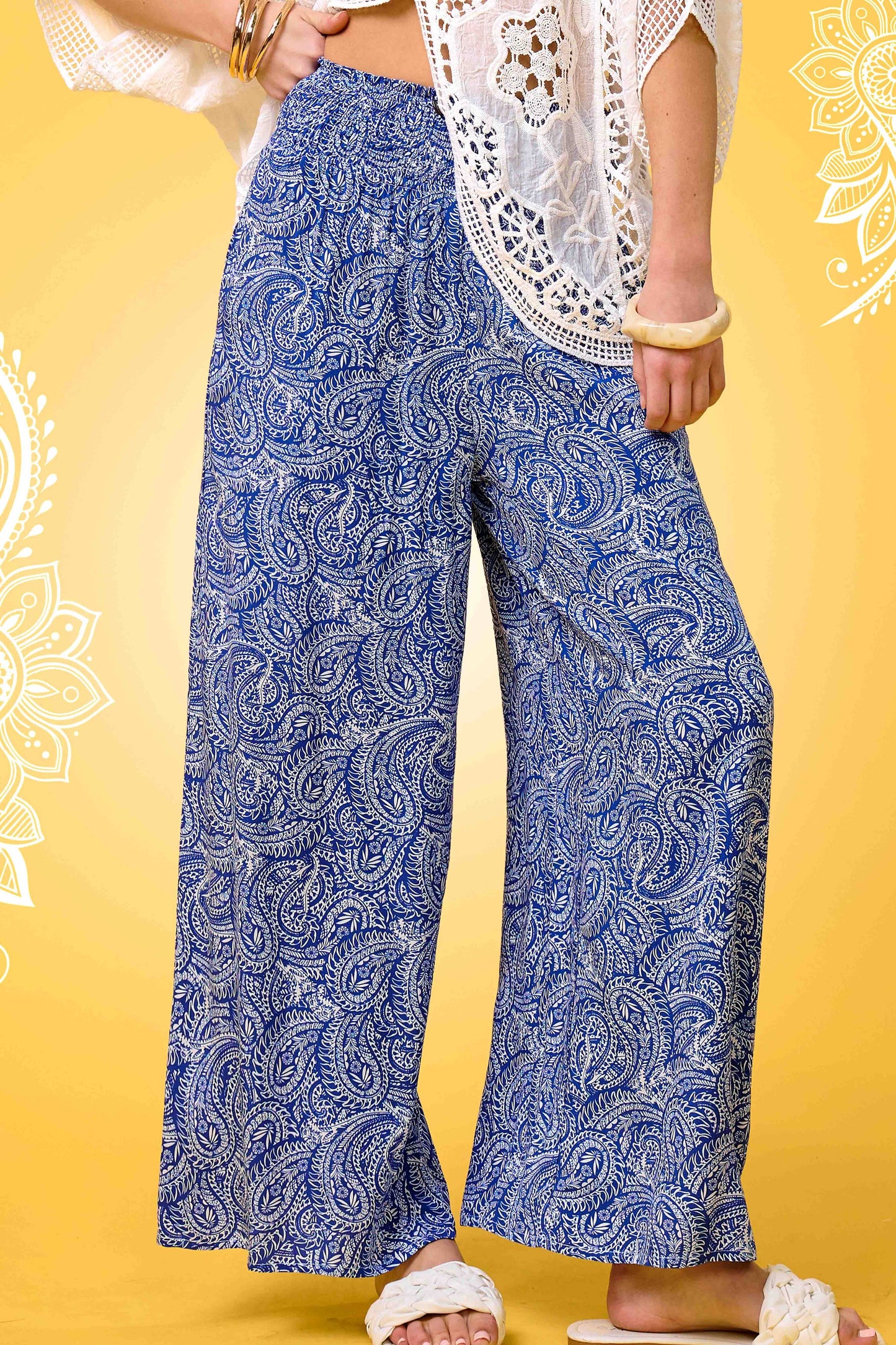 JCP4225-Boho Paisley Print Wide Leg Flowy Pants with Pockets
