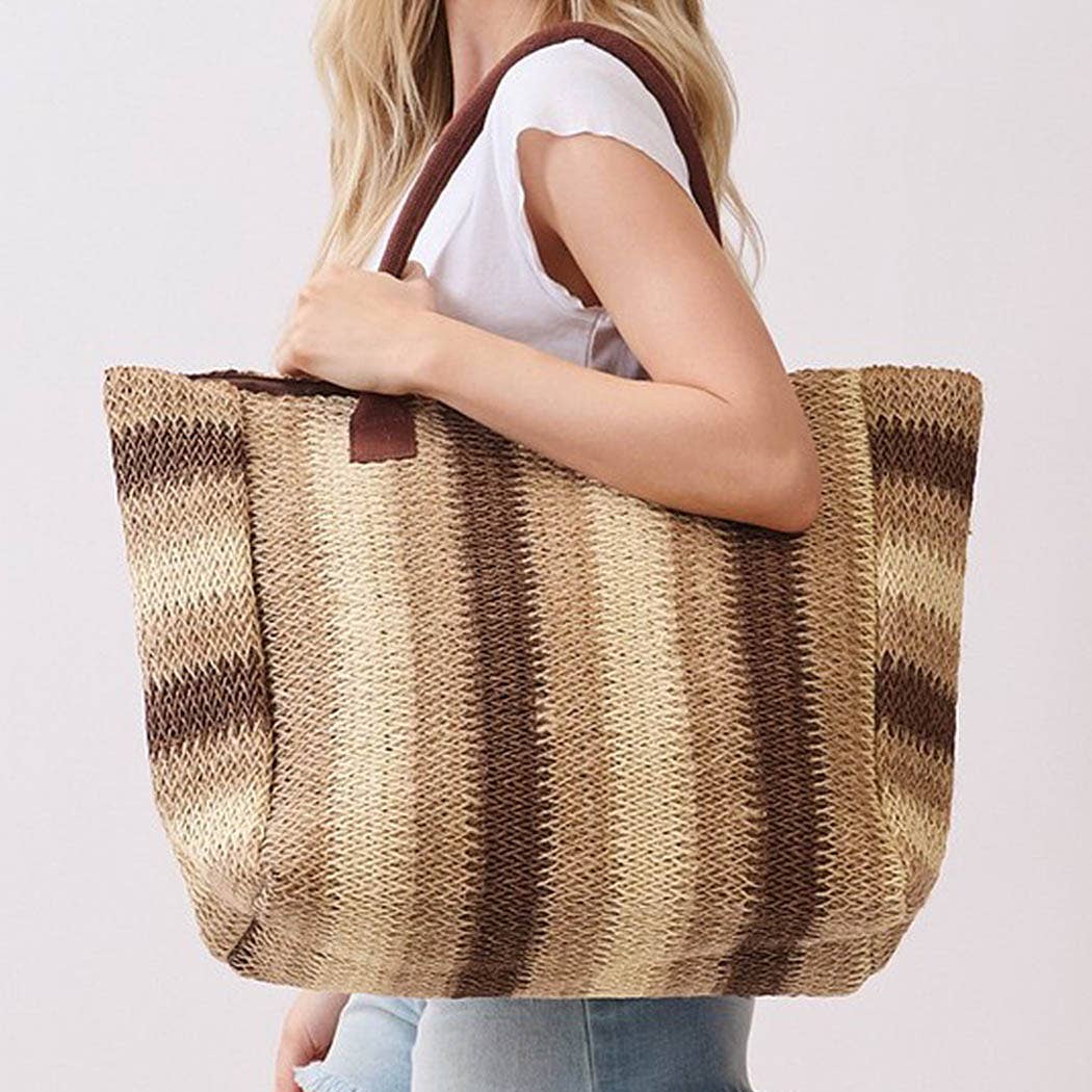 3AM BY H&D ACCESSORIES - Natural Brown Multi Color Stripe Straw Tote Bag