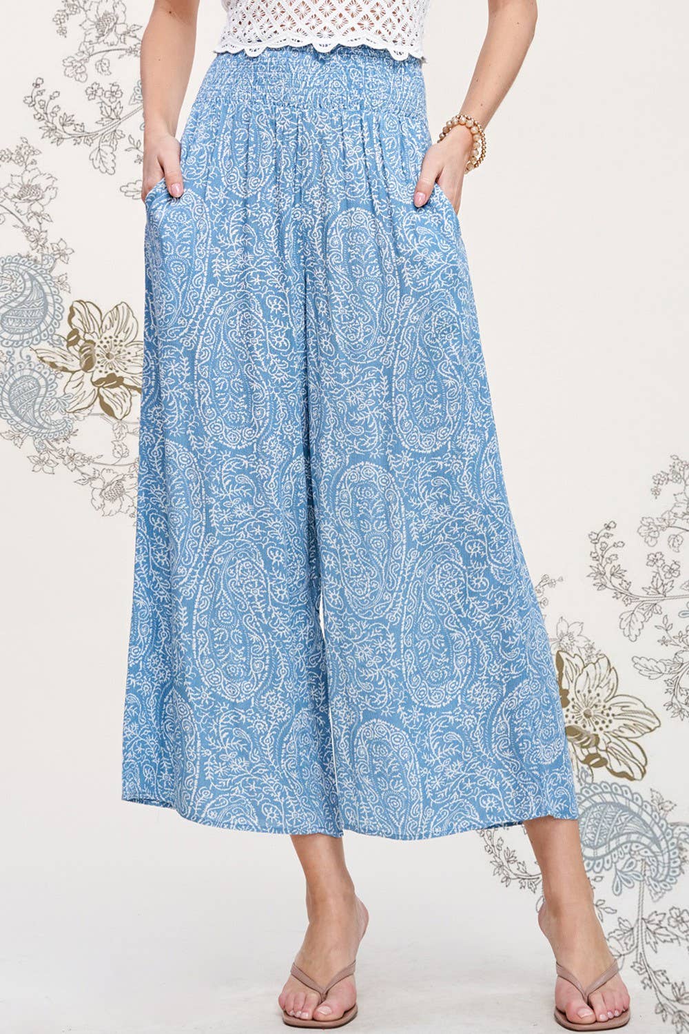JCP4225-Boho Paisley Print Wide Leg Flowy Pants with Pockets