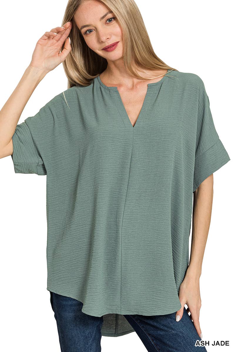 42POPS - 0813 Woven Airflow Split Neck Short Sleeve Top SI-23872 Zenana