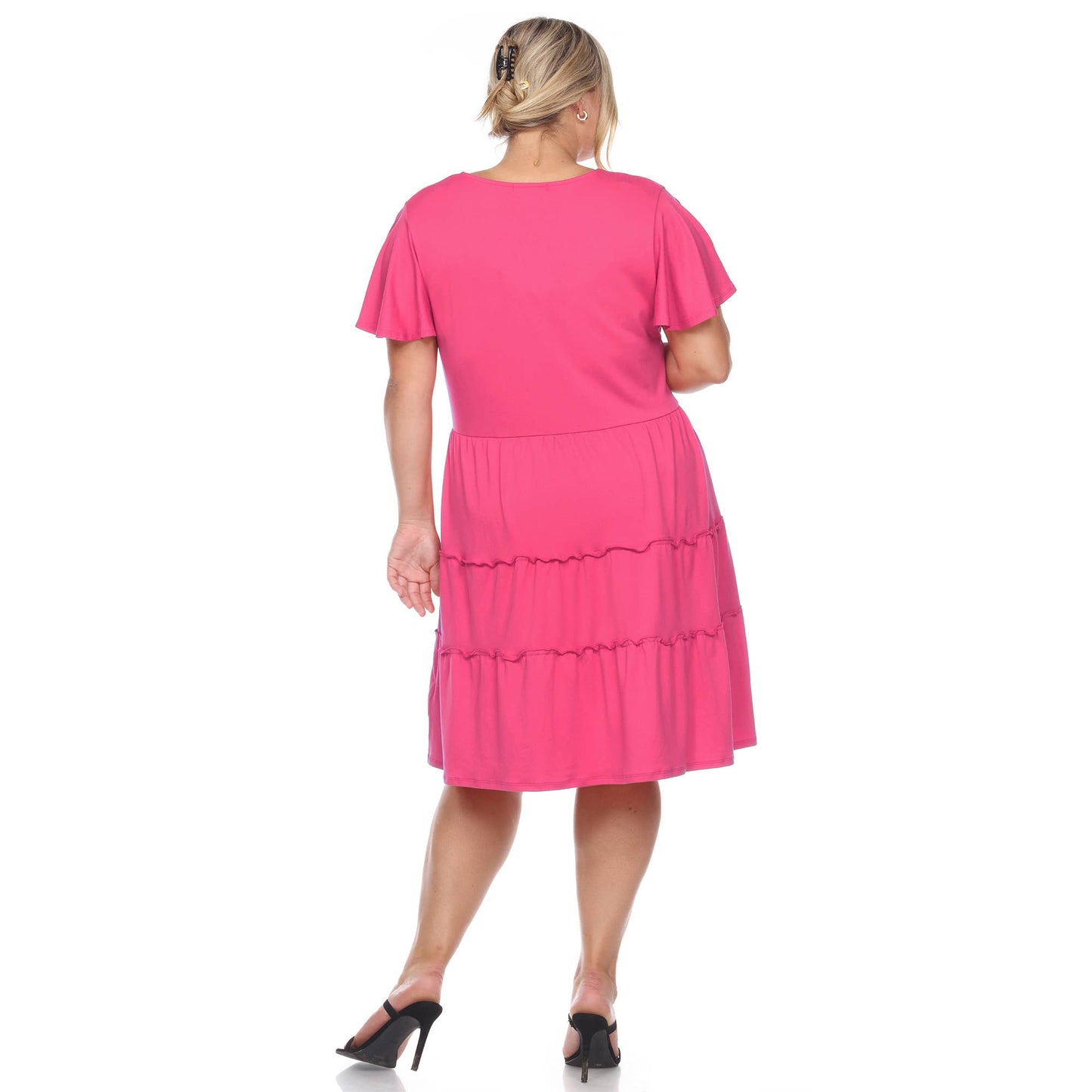 WHITE MARK - Plus Size Short Sleeve V-neck Tiered Midi Dress