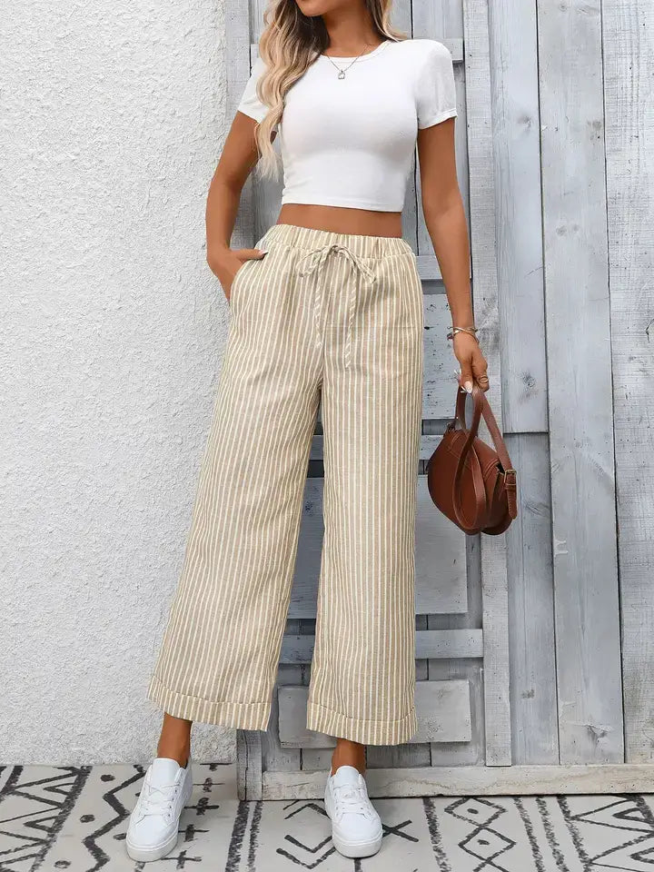 Lovesoft - Striped Wide Leg Pants Women Drawstring Casual Pants